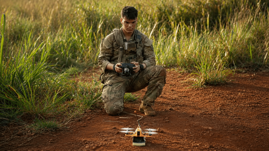 Een Oekra&iuml;ense soldaat manipuleert een FPV-drone