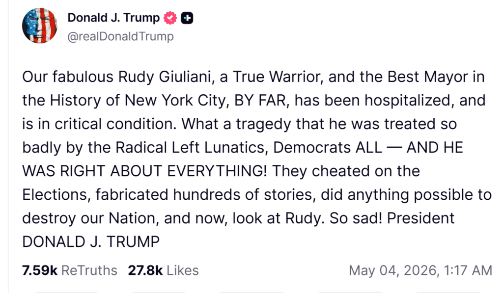 &laquo; Un vrai guerrier &raquo; : Rudy Giuliani en &eacute;tat critique, Trump rend hommage &agrave; son fid&egrave;le alli&eacute;