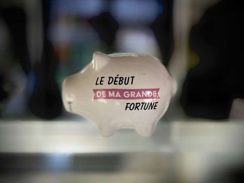 Piggy bank with french text about fortune