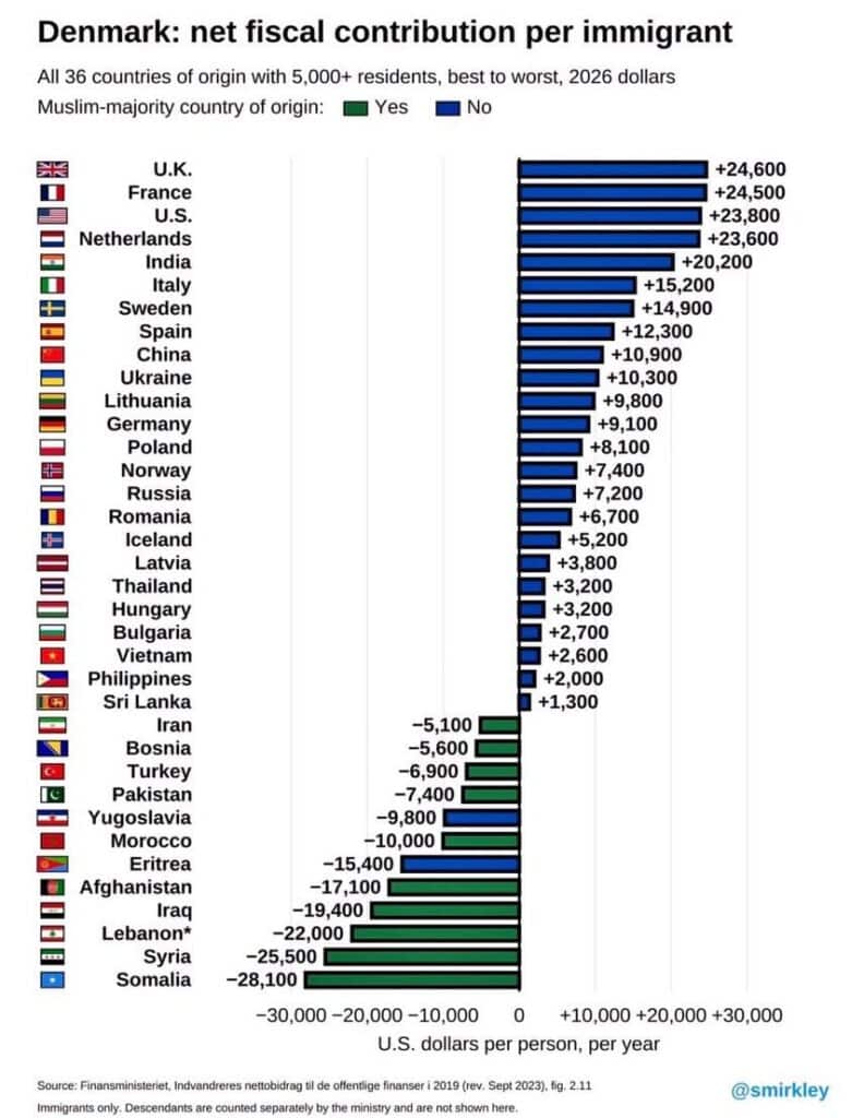 Le Danemark montre que les migrants extra-europ&eacute;ens co&ucirc;tent chers aux finances publiques.