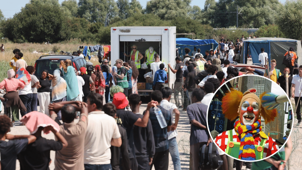 &Agrave; 50 m&egrave;tres des passeurs, des clowns divertissent les migrants qui attendent de gagner l&rsquo;Angleterre