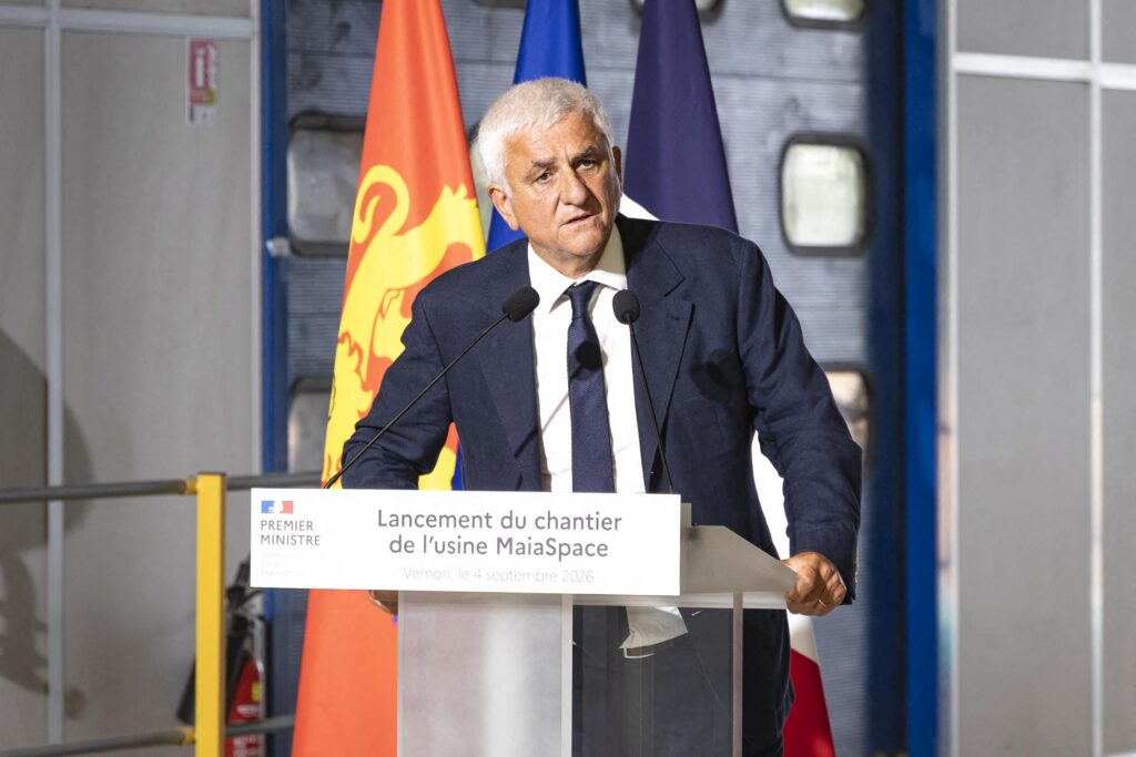Herv&eacute; Morin lays the foundation stone for a reusable rocket factory belonging to the French start-up "MaiaSpace" in his hometown of Vernon (Eure) on September 4, 2026. Photo by Vincenzo Arnone/Pool/ABACA