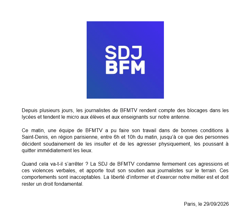 Blocages des lyc&eacute;es : des journalistes de BFMTV &laquo; insult&eacute;s &raquo; et &laquo; agress&eacute;s physiquement &raquo; &agrave; Saint-Denis