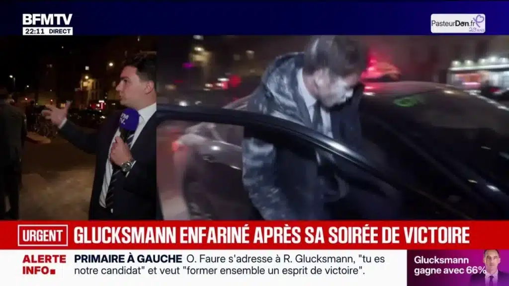 Rapha&euml;l Glucksmann enfarin&eacute; &agrave; la sortie de son QG &agrave; Paris